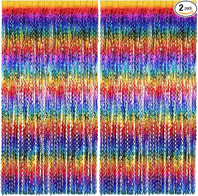 2 Pack Colorful Wavy Foil Fringe Curtain Backdrop, 3.3 X 6.6 Ft Rainbow Wavy by AIQINHU