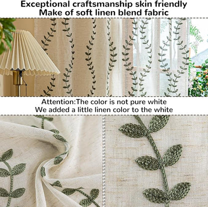 2 Panels Linen Leaf String Floral Embroidered Semi Sheer Curtain Farmhouse - Image 4