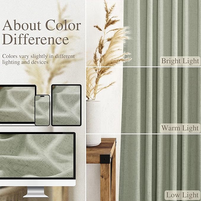 Sage Green Linen Sheer Curtains 54 Inch Length 2 Panel Set Back Tab Rod Pocket - Image 4
