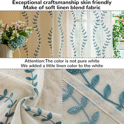 2 Panels Linen Leaf String Floral Embroidered Semi Sheer Curtain Farmhouse - Image 4