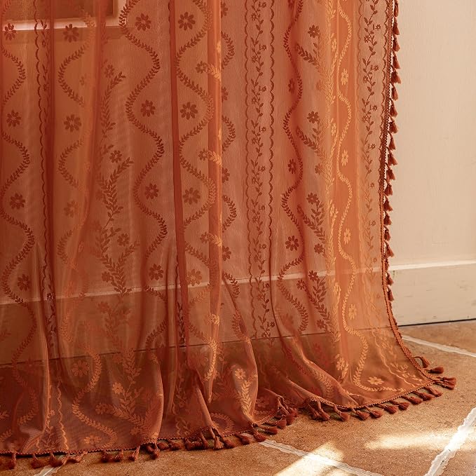 WAZZIO Boho Lace Curtains 63 Inch 2 Panels-Vintage Sheer Panel Drape Floral - Image 7
