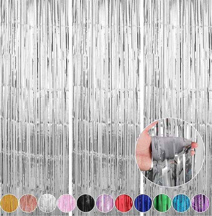 7 Pack 3.3 x 9.9 ft Silver Fringe Backdrop Streamers Party Decorations | Foil by Crosize