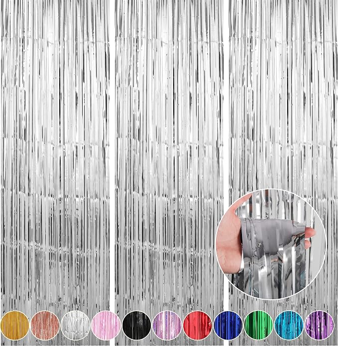 3 Pack 3.3 x 9.9 ft Silver Fringe Backdrop Streamers Party Decorations | Foil by Crosize