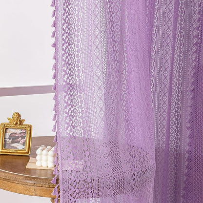 WAZZIO Boho Lace Curtains 84 Inches 2 Panel, Light Filtering Privacy Tassel & - Image 4