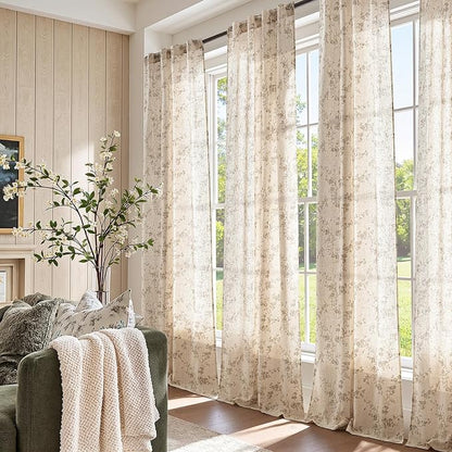 jinchan Taupe Floral Linen Curtains 96 Inch Farmhouse Back Tab 2 Panels | Taupe - Image 5