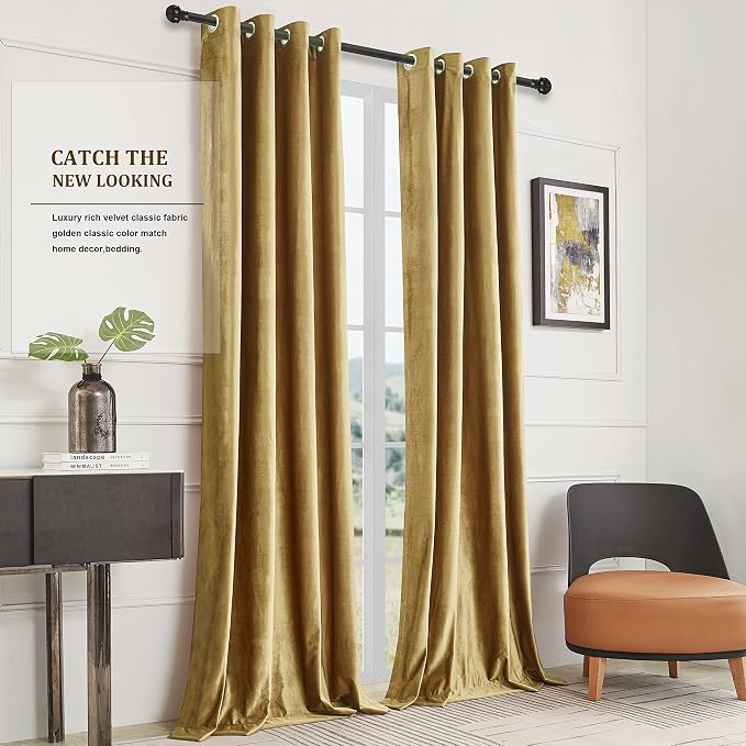 BULBUL Velvet Gold Blackout Curtains 90 inch Long - Image 9