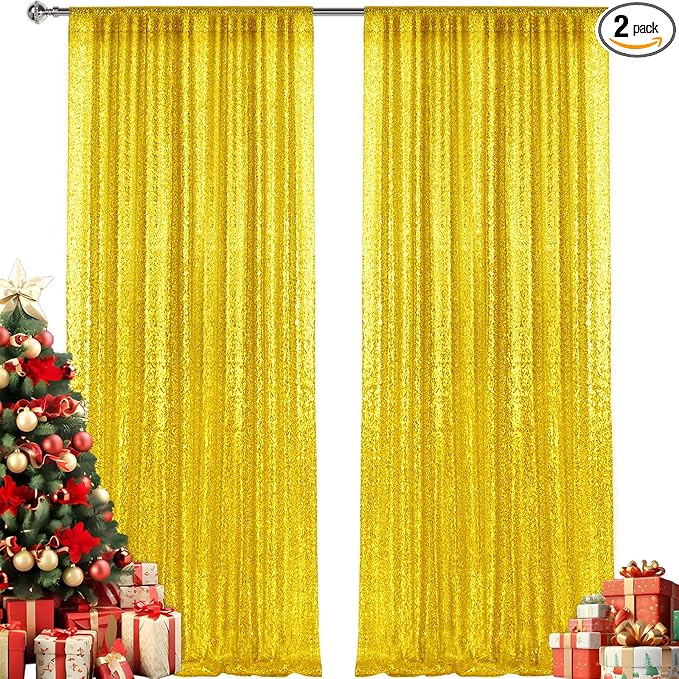 2×8FT-2PCS Yellow Sequin Backdrop Curtains Panels, Photography Backdrop Glitter by Pufogu