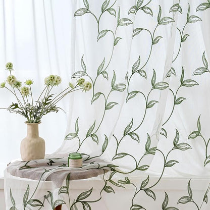 Sheer Curtains Boho Leaf Floral Embroidered Green 54Wx96L | Light Filtering by VISIONTEX