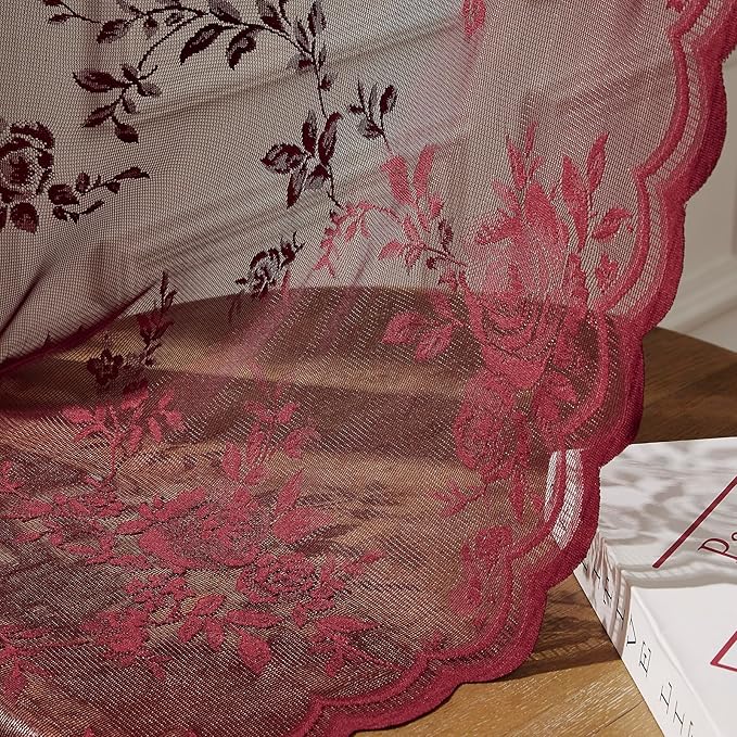 Burgundy Lace Curtains 63 Inch Length Vintage Floral Sheer Curtains 2 Panels set - Image 6