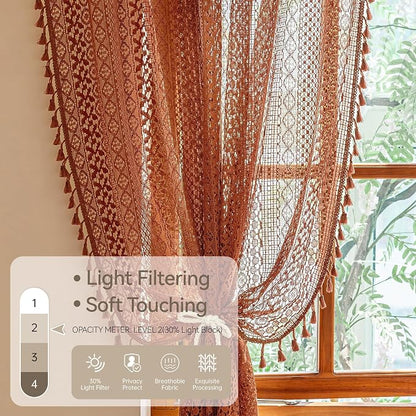 WAZZIO Boho Lace Curtains 96 Inches 2 Panel, Light Filtering Privacy Tassel & - Image 6