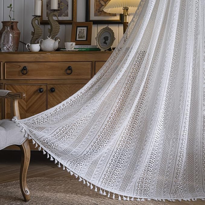 Sutuo Home White Crochet Boho Curtains 63 Inches Length, Sheer Lace Handmade by SutuoHome