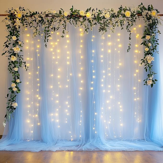 Tulle Backdrop Curtain with Lights Baby Blue 10x10ft Sheer Curtain Backdrop | by Fomcet