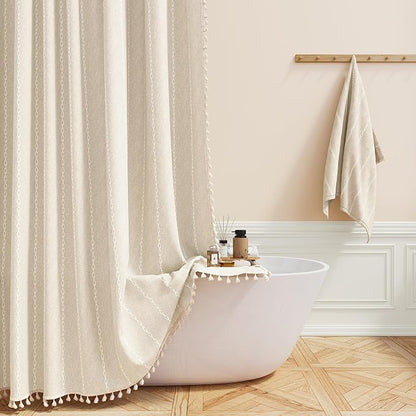 60x72 Boho Farmhouse Linen Heavy Duty Shower Curtain Set, Cream/Beige | Narrow by ShowerCurtain