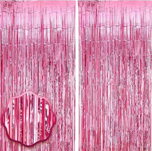 Voircoloria Pink Foil Fringe Backdrop Curtains, 2 Pack | Tinsel Streamers by Voircoloria