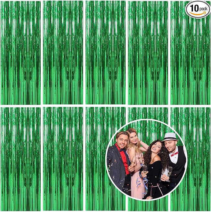 10 Pack Foil Curtain Backdrop Green Metallic Tinsel Foil Fringe Curtains Photo by KEJ