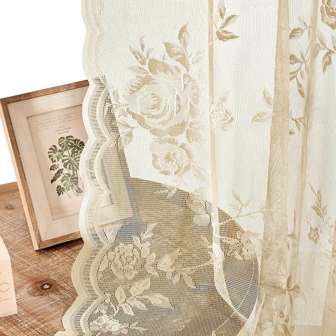 SEEKRIGHT Beige Lace Curtains 80 Inches Long Victorian Floral Lace Curtains - Image 5