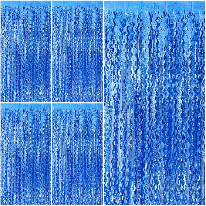 Blue Tinsel Foil Fringe Curtains Wavy Backdrop by BOMSI