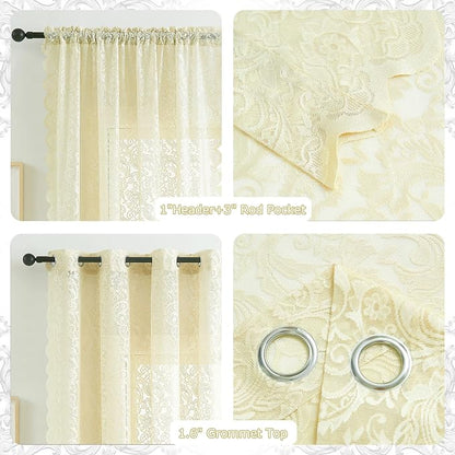 Bujasso Ivory Sheer Lace Curtains 63 inch Vintage Floral Sheer Window Curtain - Image 5