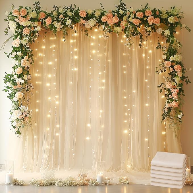 Tulle Backdrop Curtain with Lights Sheer Champagne Curtain Backdrop 30x10ft | by Fomcet