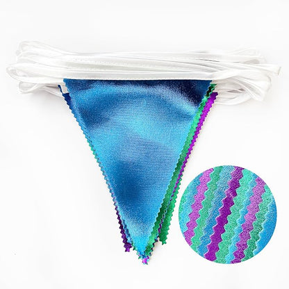 Blue Green Purple Party Decorations Metallic Fabric Triangle Pennant Banner - Image 3