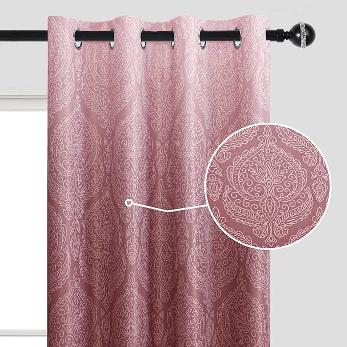 DWCN 100% Blackout Curtains for Bedroom 63 Inch Long-Damask Patterned Ombre - Image 2