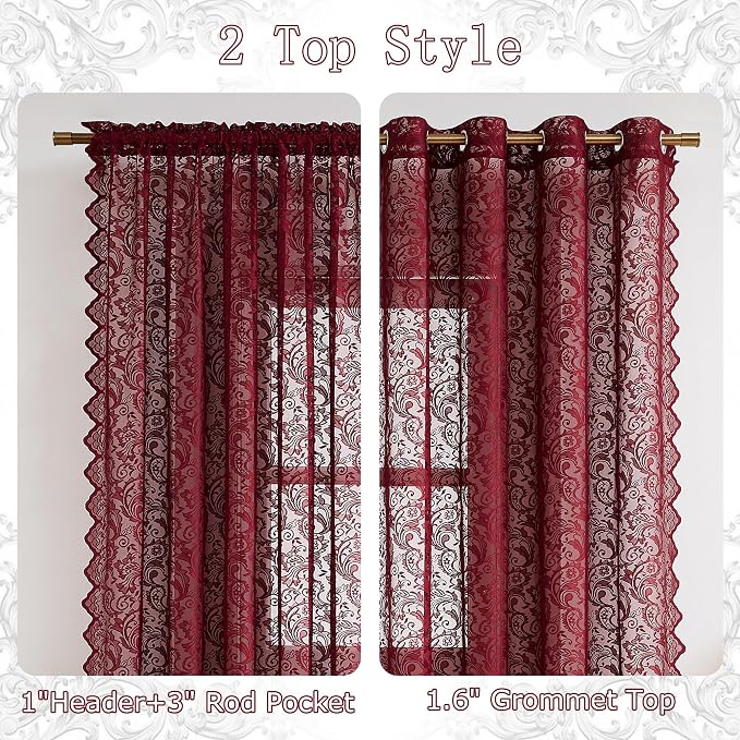 Bujasso Burgundy Lace Sheer Curtains - Image 5