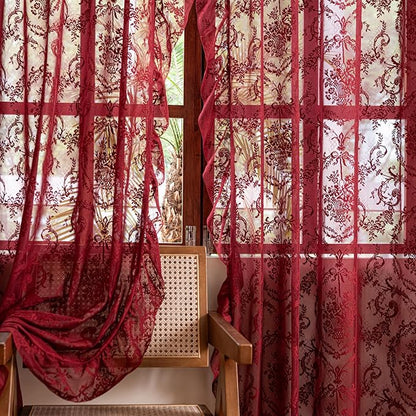 Deeprove Boho Lace Sheer Burgundy Curtains - Image 5