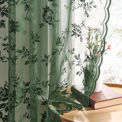 Dark Green Lace Curtains 108 Inches Long 2 Panels Vintage Emerald Green Floral - Image 4