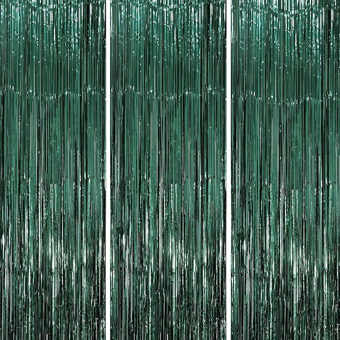 Voircoloria 3 Pack 3.3 x 8.2 ft Retro Green Foil Fringe Backdrop Curtains by Voircoloria