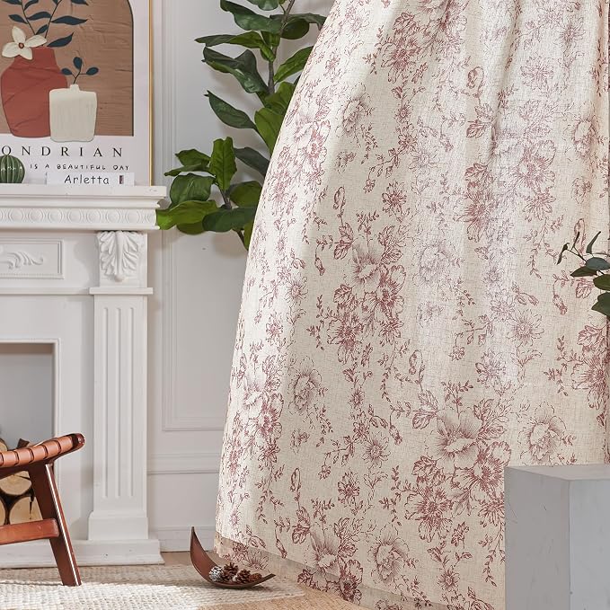 jinchan Red Floral Linen Curtains 54 Inch Vintage Back Tab 2 Panels | Light - Image 8
