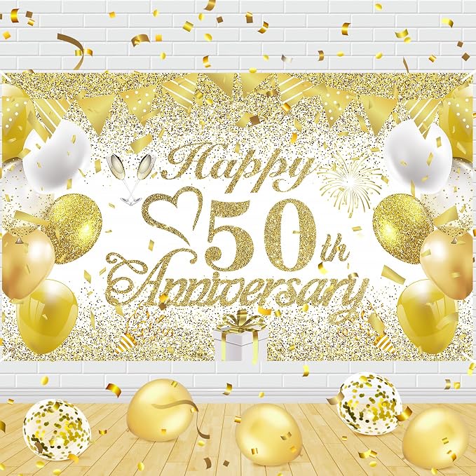 50th Wedding Anniversary Decorations Banner White Gold Happy 50th Anniversary by RUMIA-YourEverydayLuxury