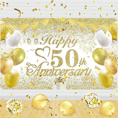 50th Wedding Anniversary Decorations Banner White Gold Happy 50th Anniversary by RUMIA-YourEverydayLuxury