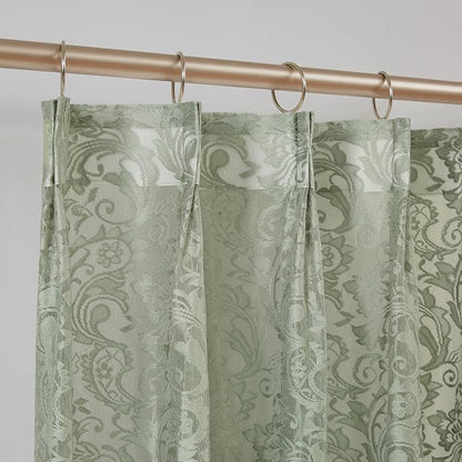 Bujasso Sage Green Lace Pinch Pleat Curtains 84 inch, Vintage Floral Sheer by Bujasso