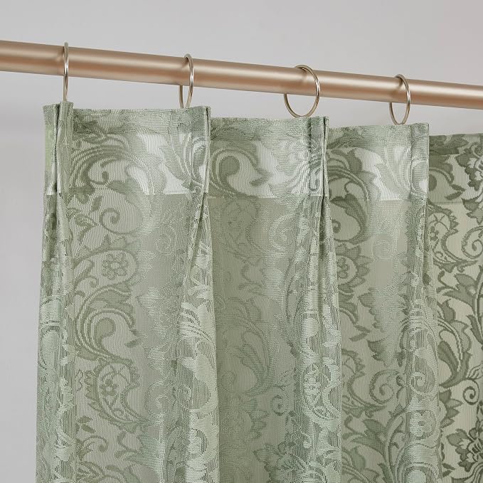 Bujasso Sage Green Lace Pinch Pleat Curtains 96 inch, Vintage Floral Sheer - Image 7