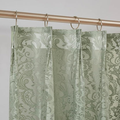 Bujasso Sage Green Lace Pinch Pleat Curtains 63 inch, Vintage Floral Sheer by Bujasso