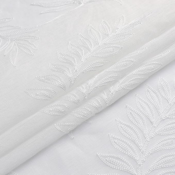 White Sheer Curtains Embroidered Leaf 2 Panels 63 Inches Long | Light Filtering - Image 6