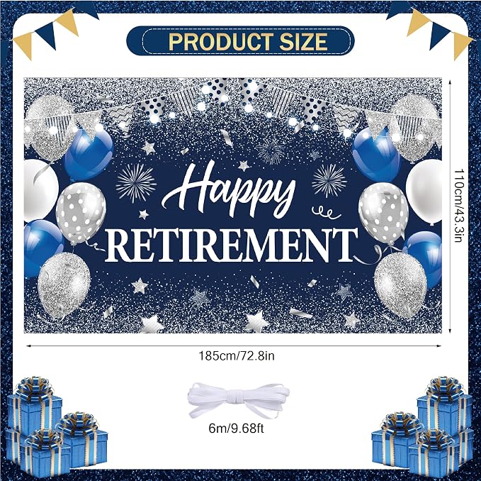 Blue Silver Happy Retirement Banner Large Retirement Party Banner Backdrop - Image 3