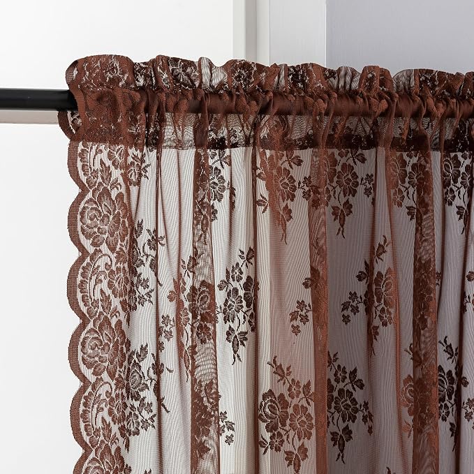 Kotile Warm Brown Sheer Kitchen Curtains Rustic Floral W42xL45 in, 2 Panels | - Image 3