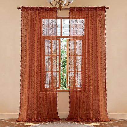 WAZZIO Boho Lace Curtains 102 Inch 2 Panels -Vintage Sheer Panel Drape Floral - Image 2