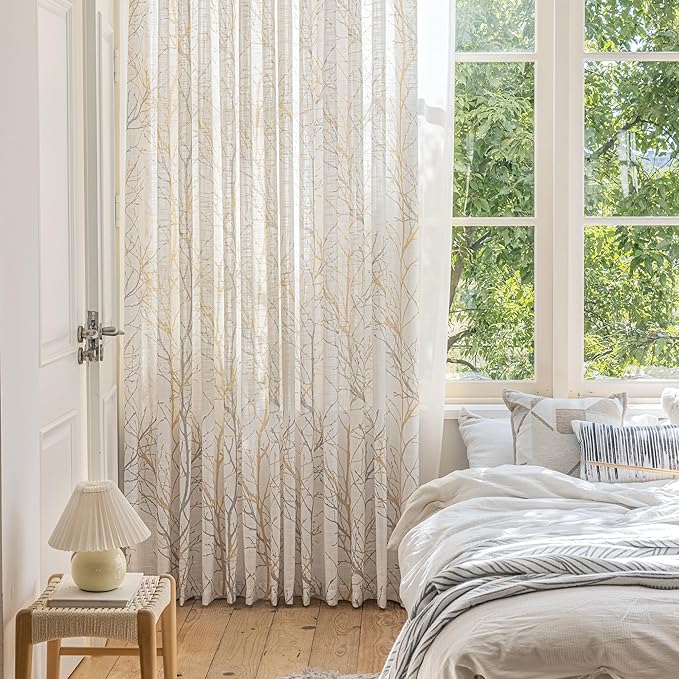FMFUNCTEX Linen Yellow White Semi Sheer Print Curtains 96 Inch 2 Panels | Tree - Image 5