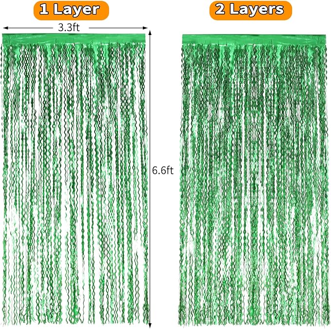 4Pcs Wavy Green Fringe Backdrop -3.3x6.6ft Green Streamer Foil Curtains - Image 6