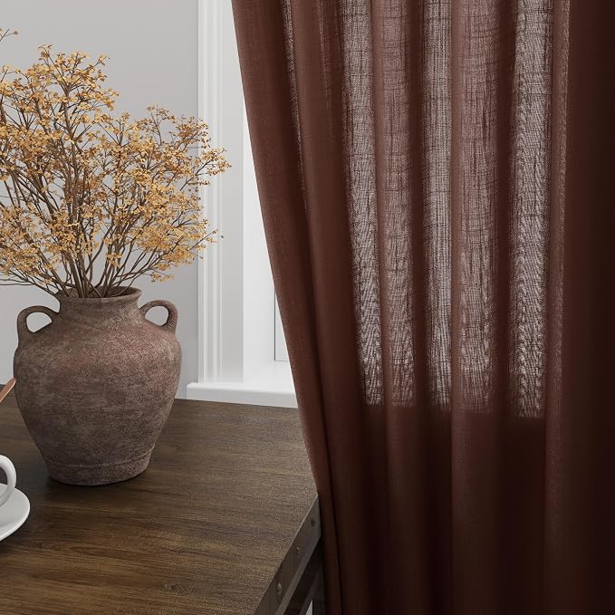 Rustic Brown Linen Curtains Semi Sheer 96 Inches Long 2 Panels Set - Image 4