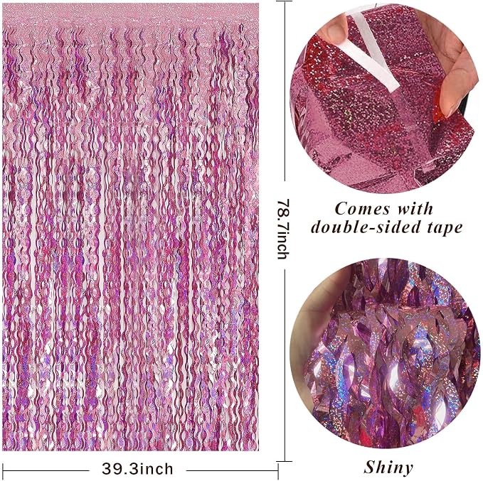 Pink Tinsel Foil Fringe Curtains Wavy Backdrop - Image 2
