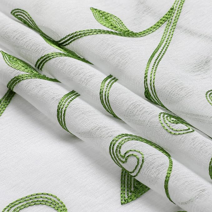 White Sheer Curtains Green Embroidered Leaves 2 Panels 54Wx108L | Light - Image 4