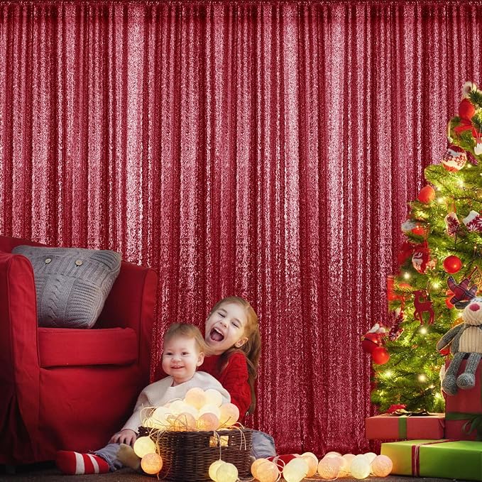 2×8FT-6PCS Burgundy Sequin Backdrop Curtains Panels, Photography Backdrop - Image 3