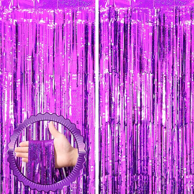 Voircoloria Laser Purple Foil Fringe Backdrop Curtains, 2 Pack | Tinsel by Voircoloria