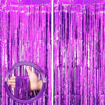 Voircoloria Laser Purple Foil Fringe Backdrop Curtains, 2 Pack | Tinsel by Voircoloria