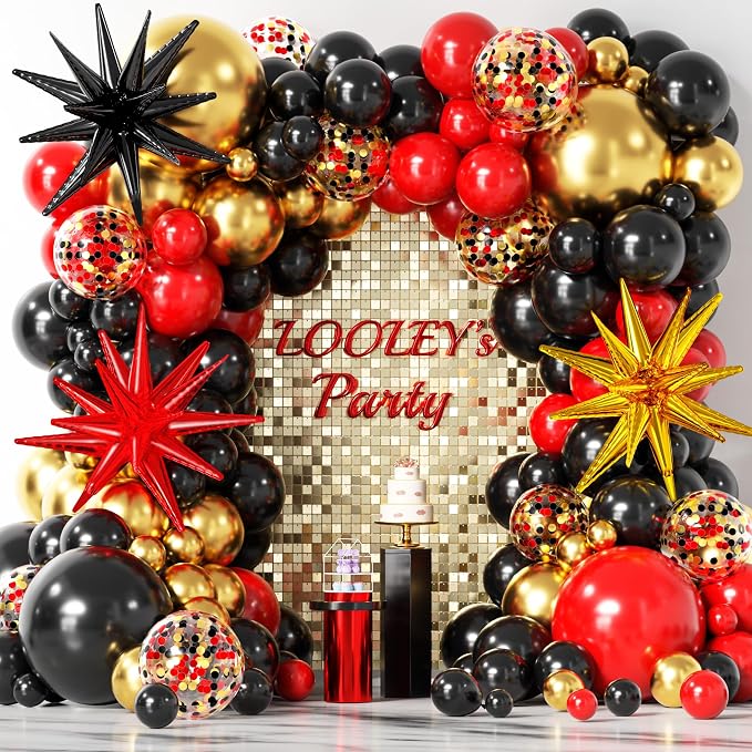LOOLEY 137Pcs Red Black Gold Balloons Garland Arch Kit by LOOLEY