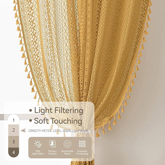 WAZZIO Boho Lace Curtains 84 Inches 2 Panel, Light Filtering Privacy Tassel & - Image 4