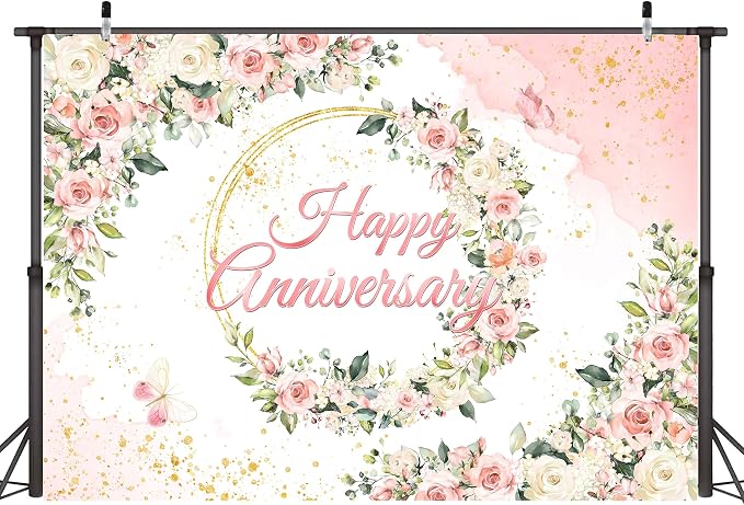 9x6 ft Floral Anniversary Backdrop Banner by Unknown